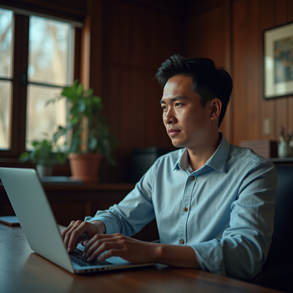 Professional pausing before a laptop screen to practice a present-moment awareness technique
