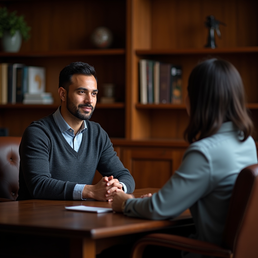 Instructor and client seated across a desk during a one-on-one coaching conversation