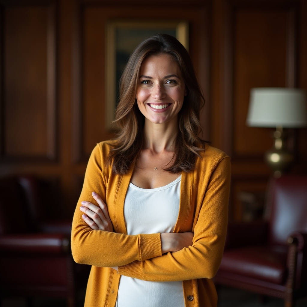 Elena Marsh, course instructor, smiling in a wood-paneled office setting
